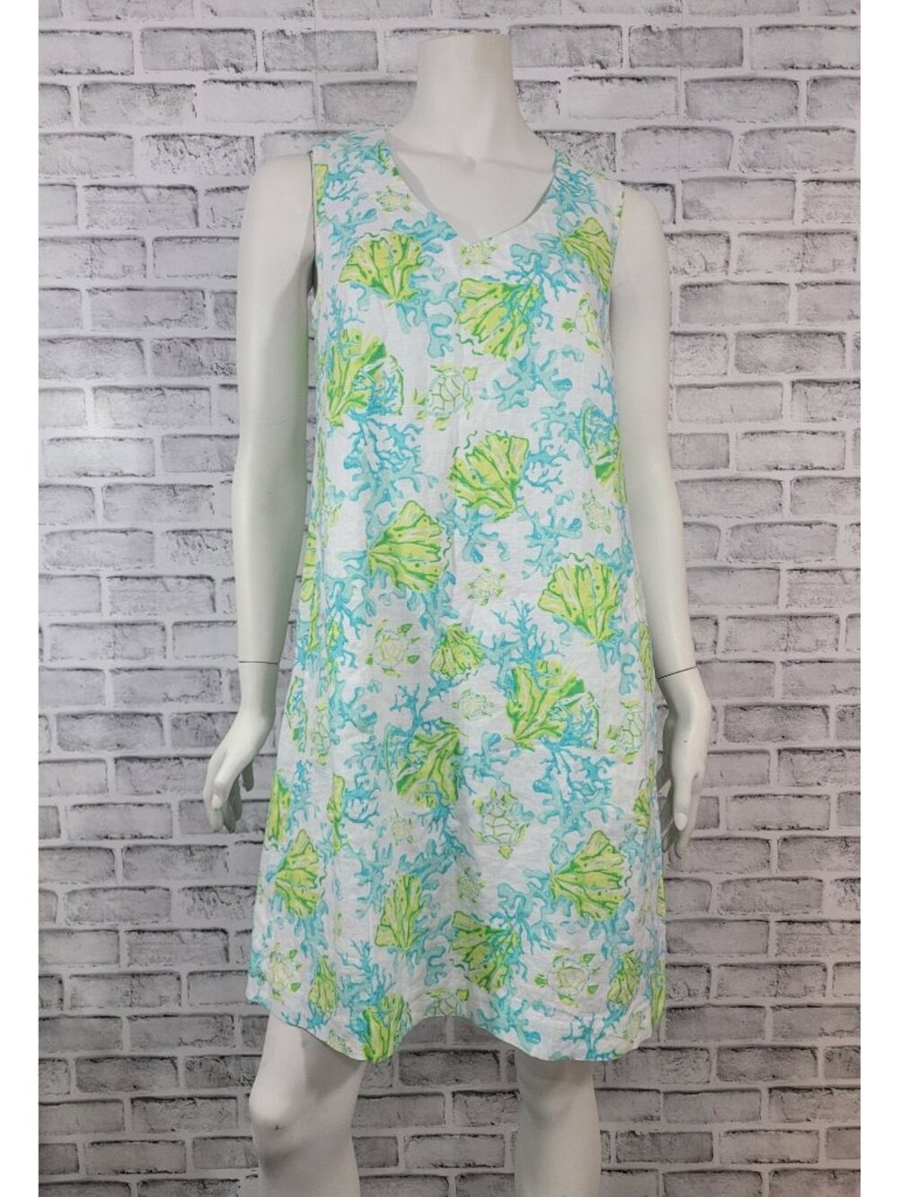 J Jill Love Linen Coral Sea Turtle Bright Print Shift Dress Pockets Size Small